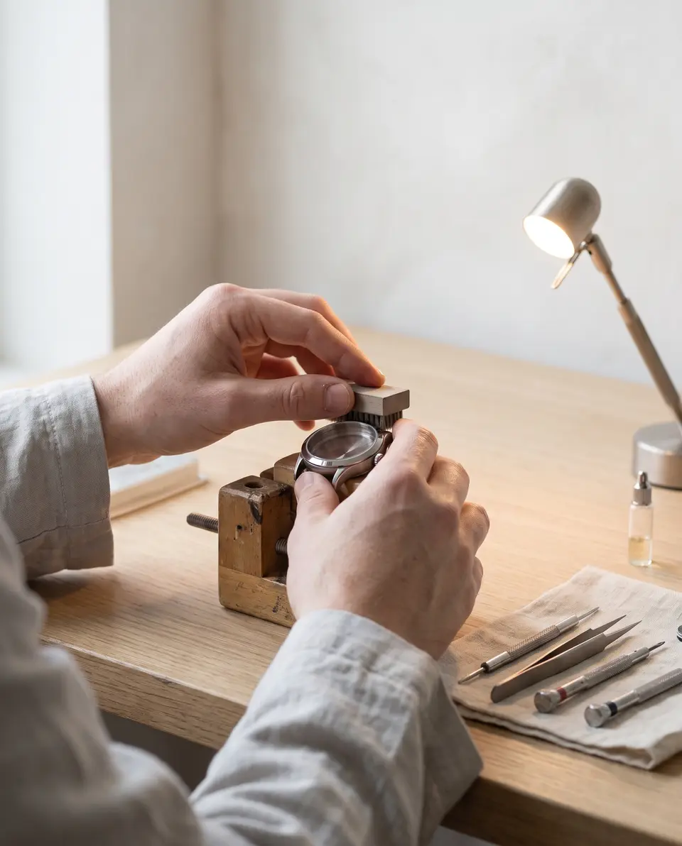 Hands holding a brushing block against a case clamped in a wooden holder, north window light.