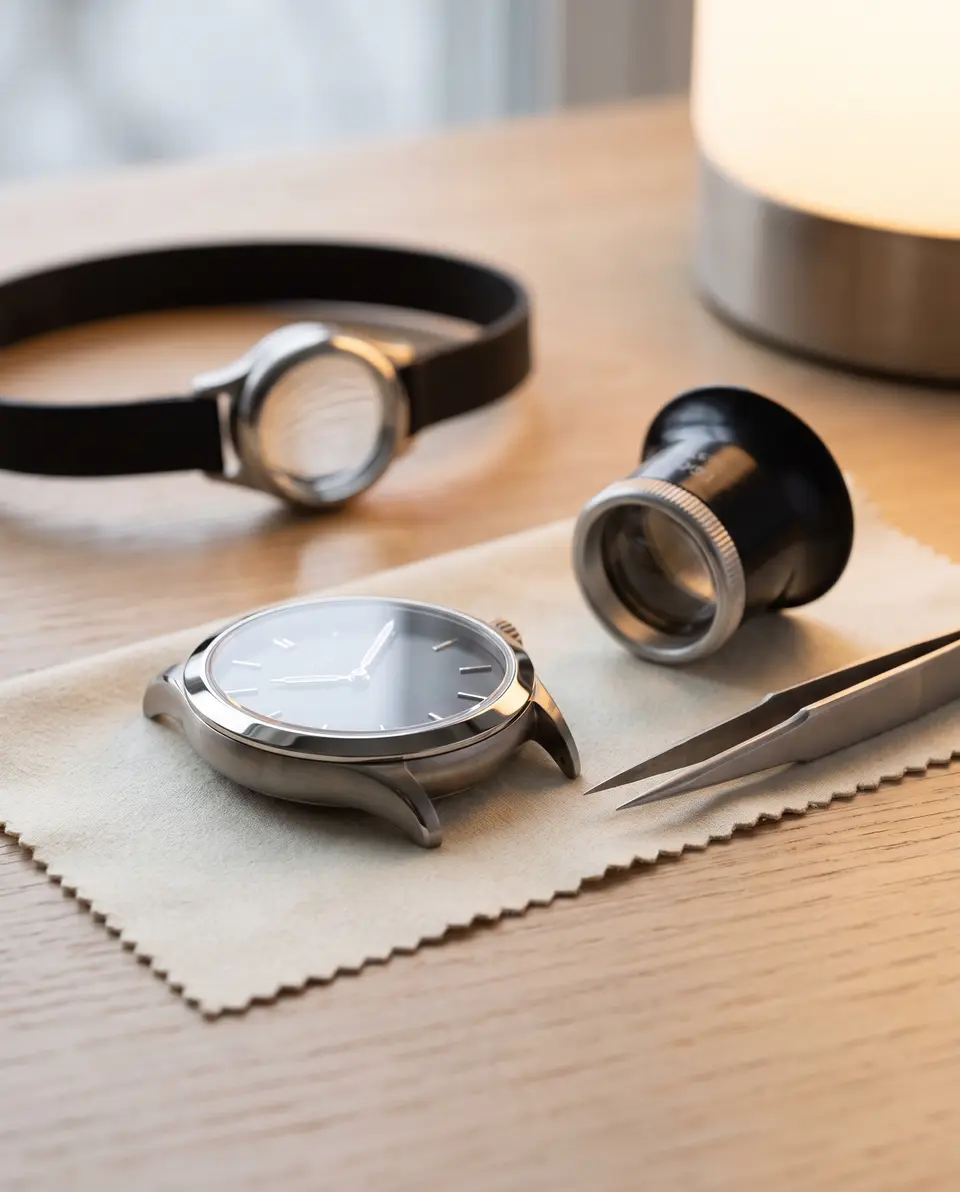 A watchmaker's loupe beside a case with a freshly polished bevel, tweezers on linen.