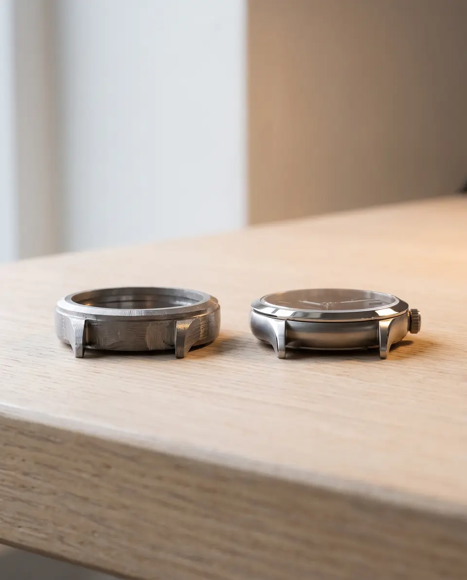 A raw machined titanium case blank beside a finished case on an oak bench.